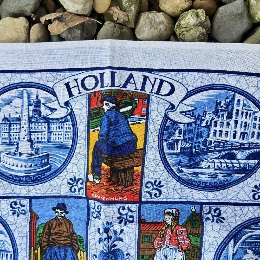 VTG Holland Souvenir Tea Towel Dutch Scene Amsterdam Delft Netherlands Travel‎
